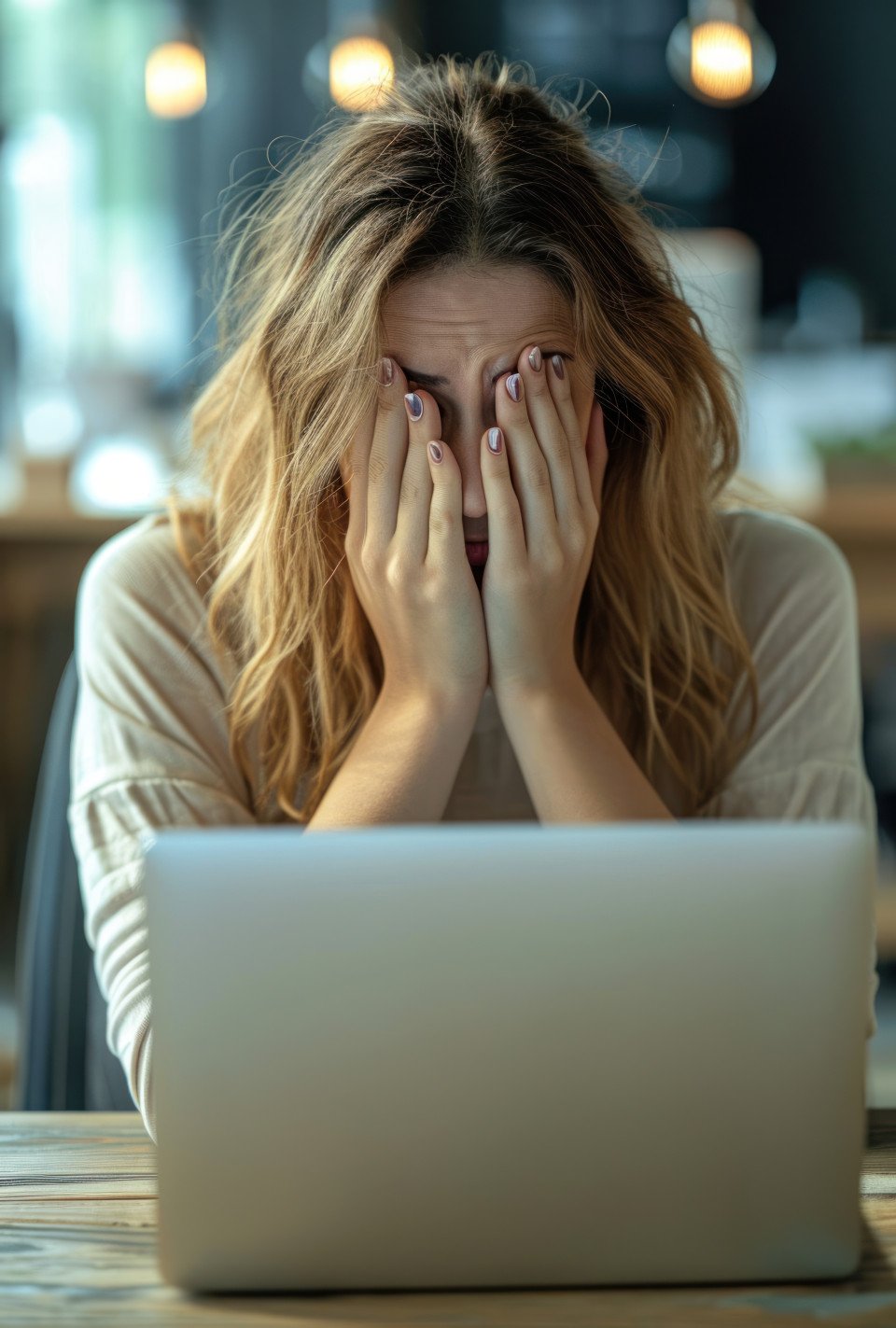 Stressed woman covers face at office desk with laptop feeling overwhelmed with work pressure