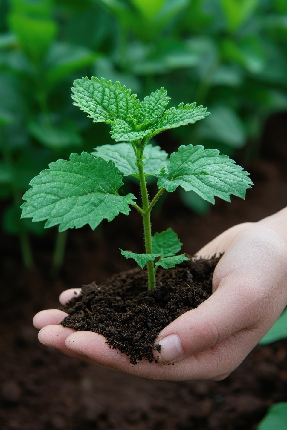 Hand holding growing green plant in soil