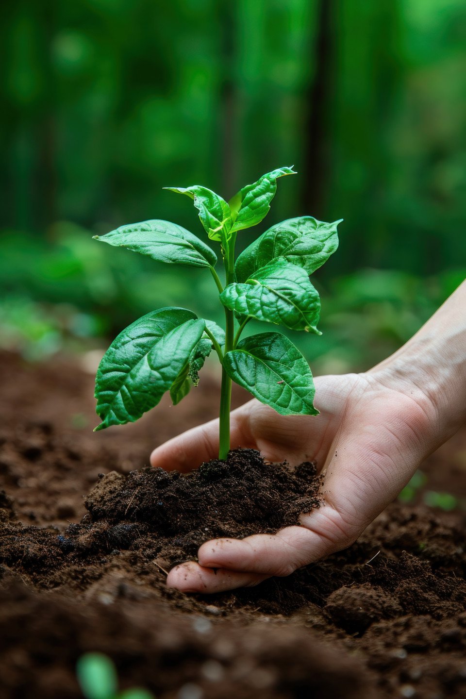 Person hand holding a growing green plant in soil symbolizing growth and nature