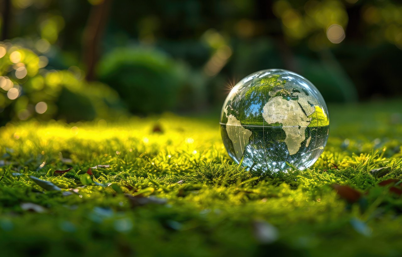 A globe placed on vibrant green grass