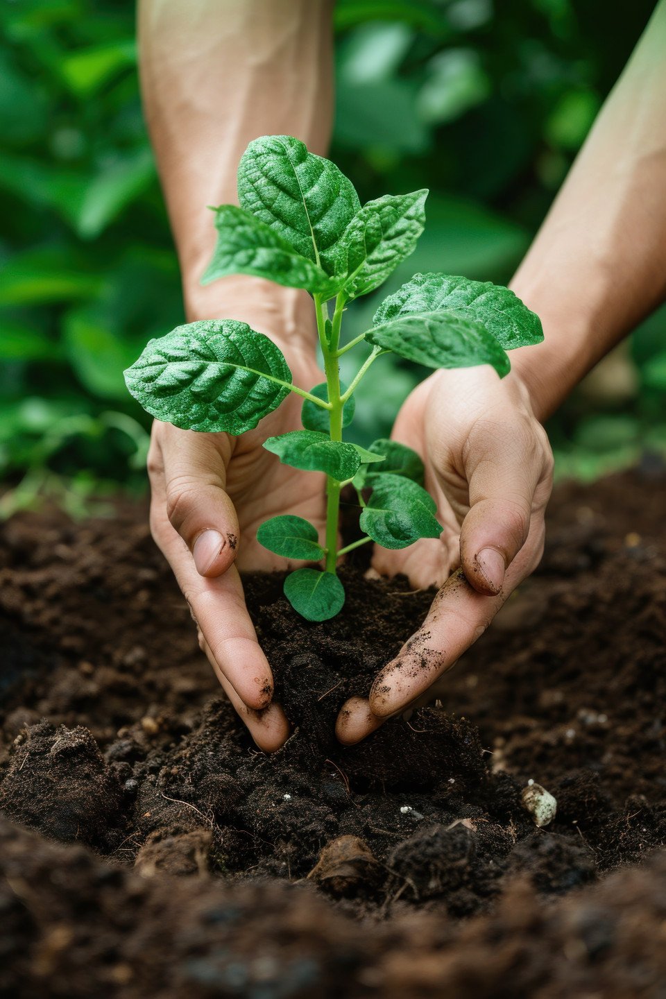 Person hand holding a green plant in soil