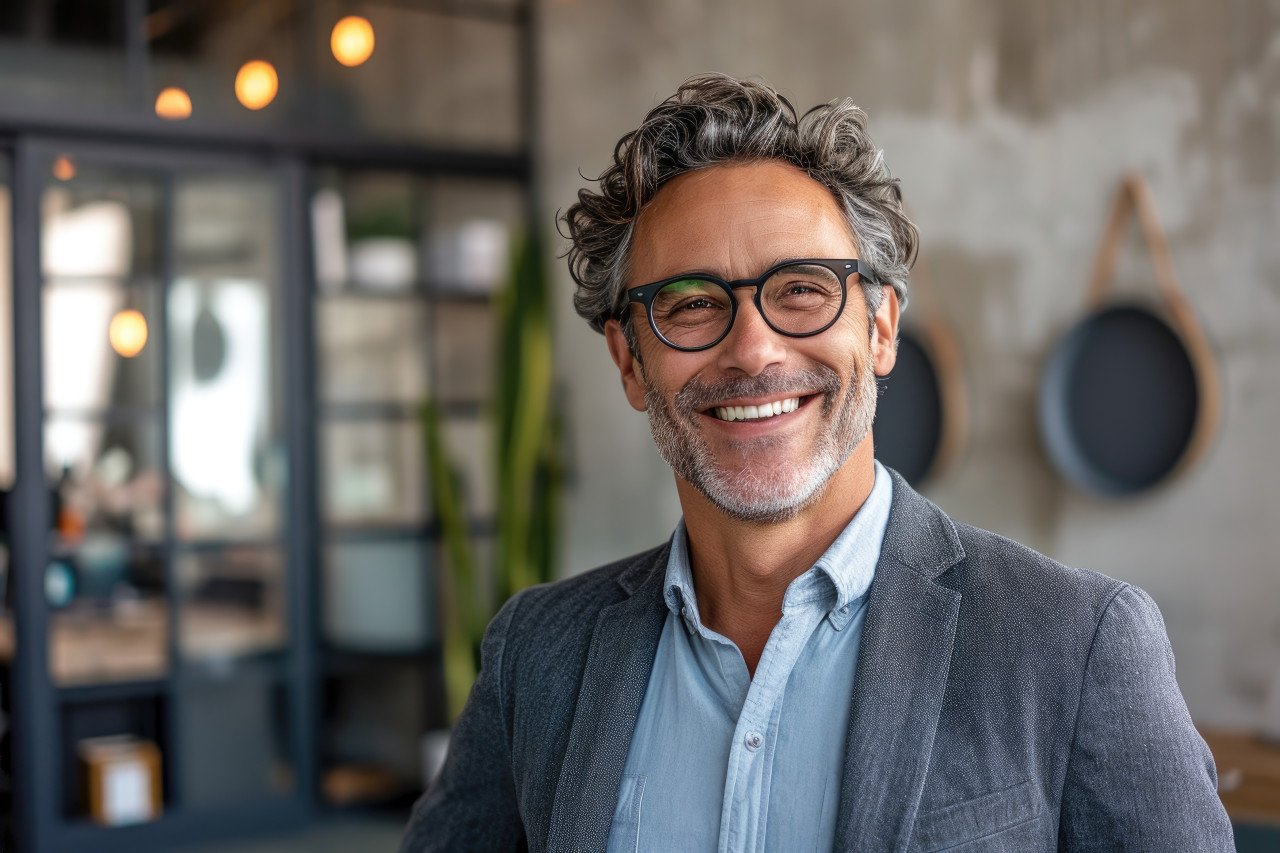 Smiling businessman executive with glasses in a modern office setting