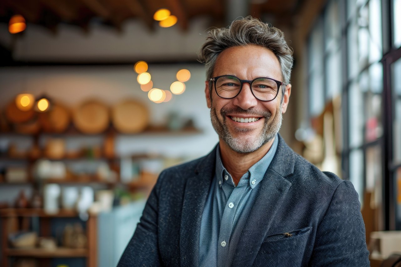 Businessman executive wearing glasses smiles in modern office