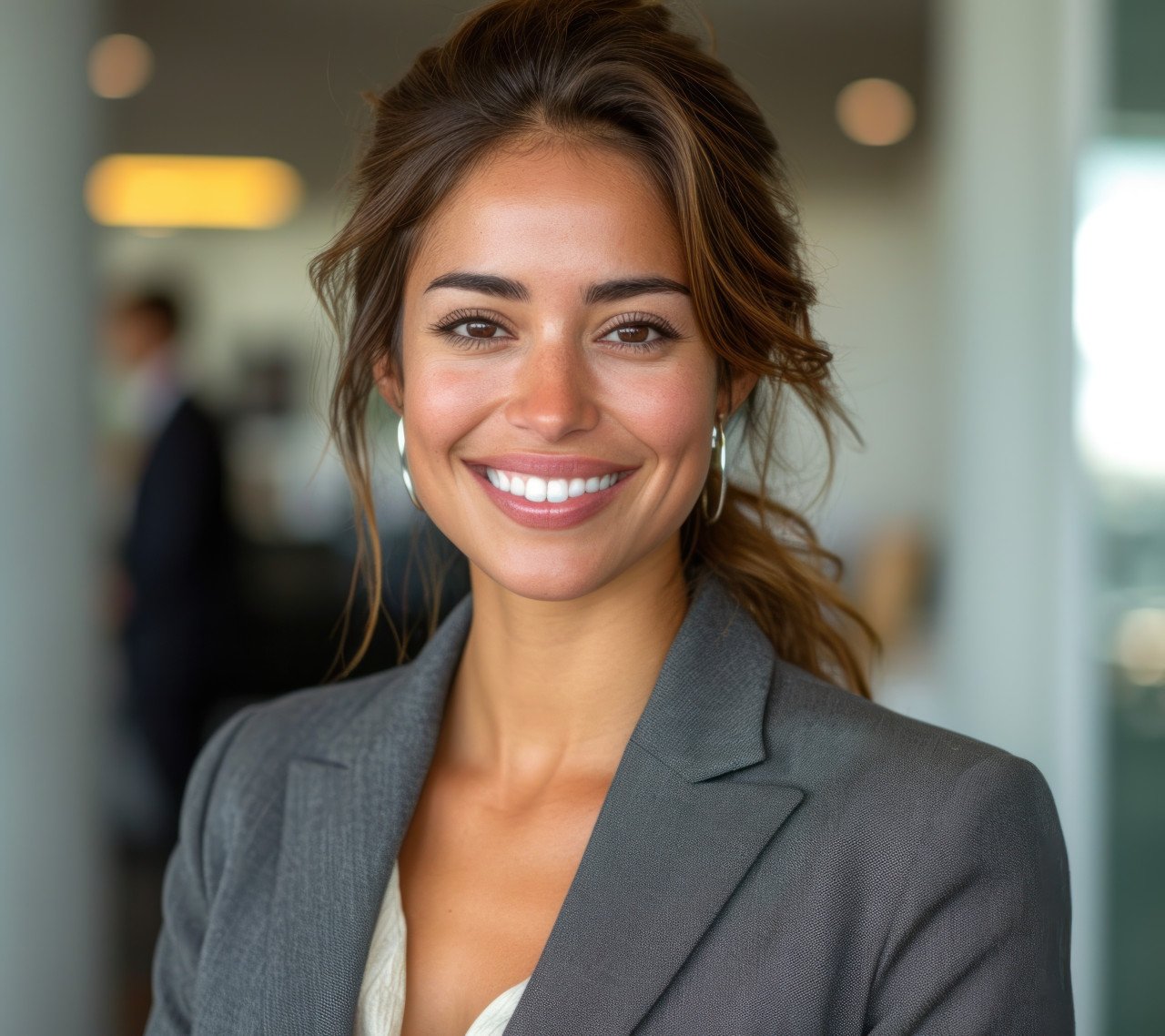 Smiling businesswoman in the office exuding confidence and success in her professional attire