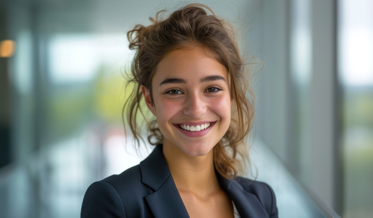 Smiling young businesswoman in business attire exuding confidence