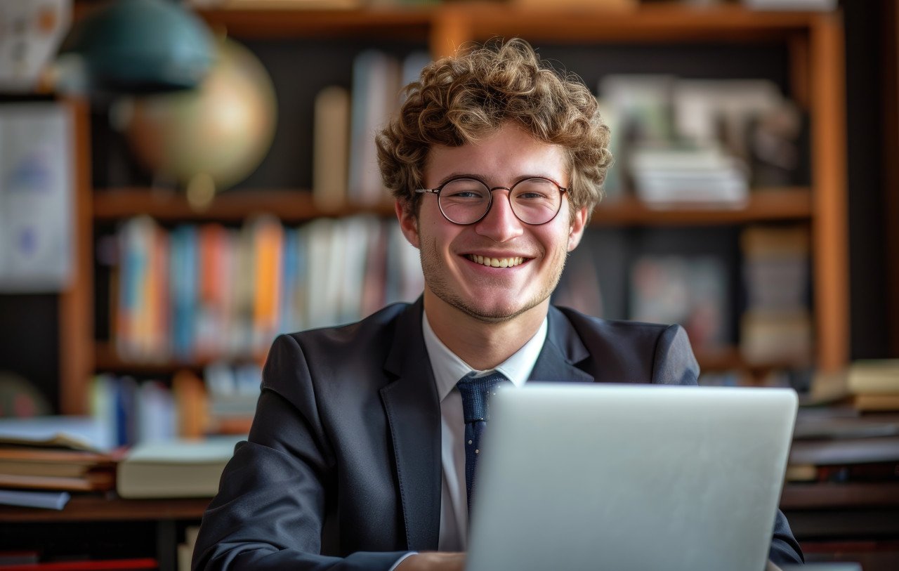 A young man wearing a glasses and business suit smiling at a laptop in the office