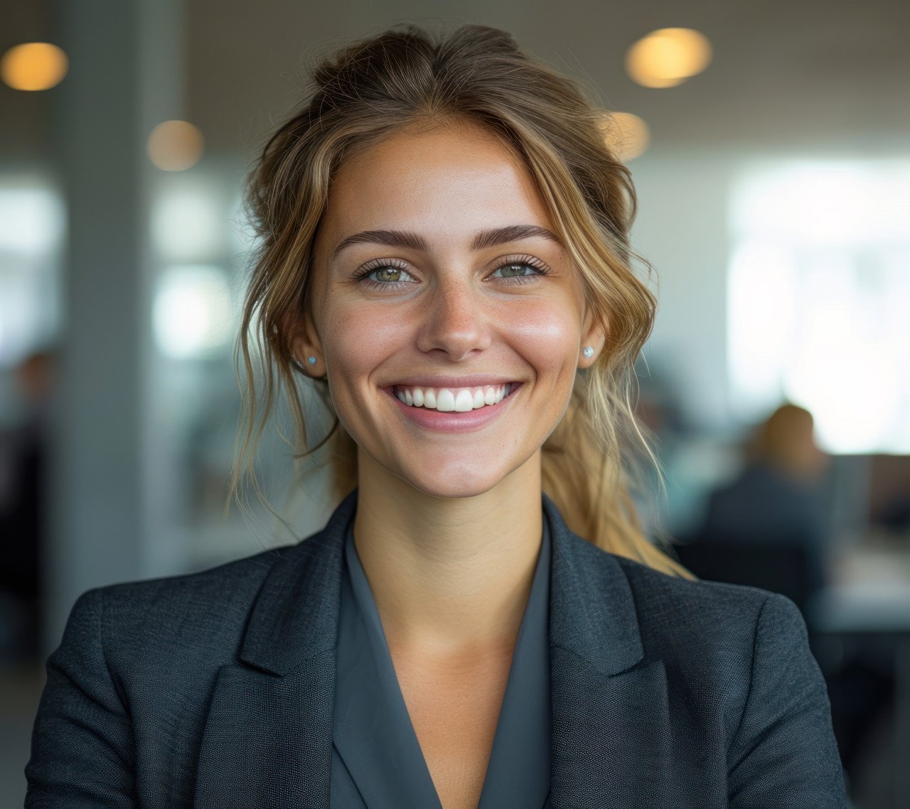 A smiling businesswoman in a professional suit in the office