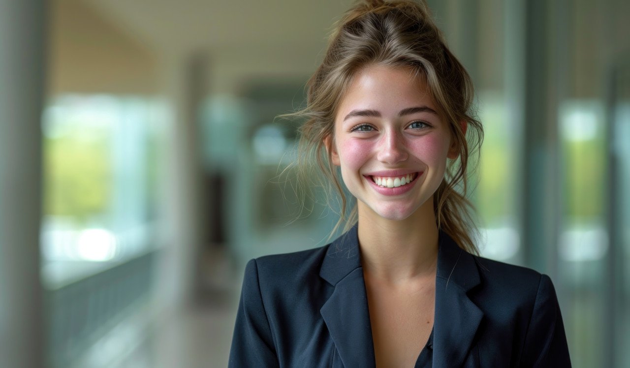 Young businesswoman in professional attire smiling confidently