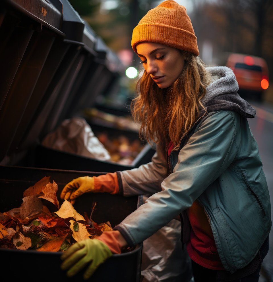 Responsible woman putting of trash in bin with gloves