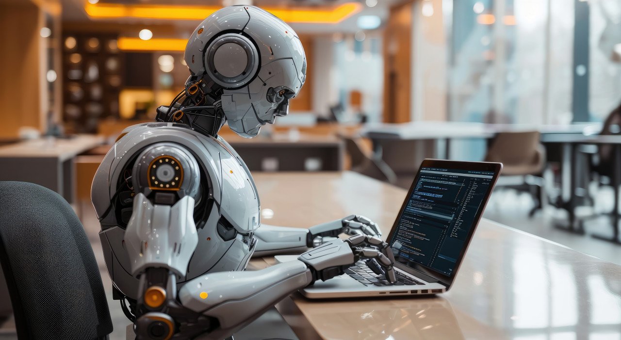 Robot using laptop on office table