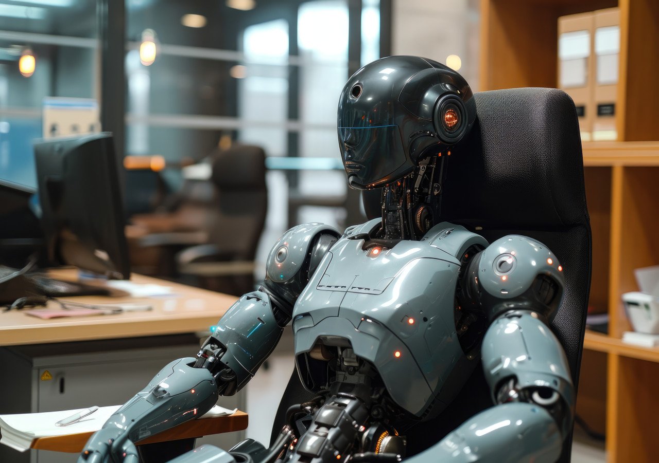 A robot is seated on office chair