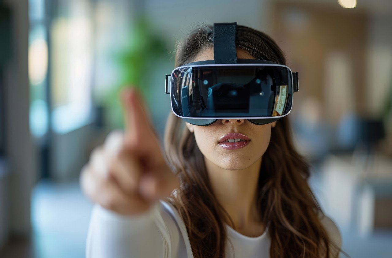 Woman wearing virtual reality glasses pointing in air