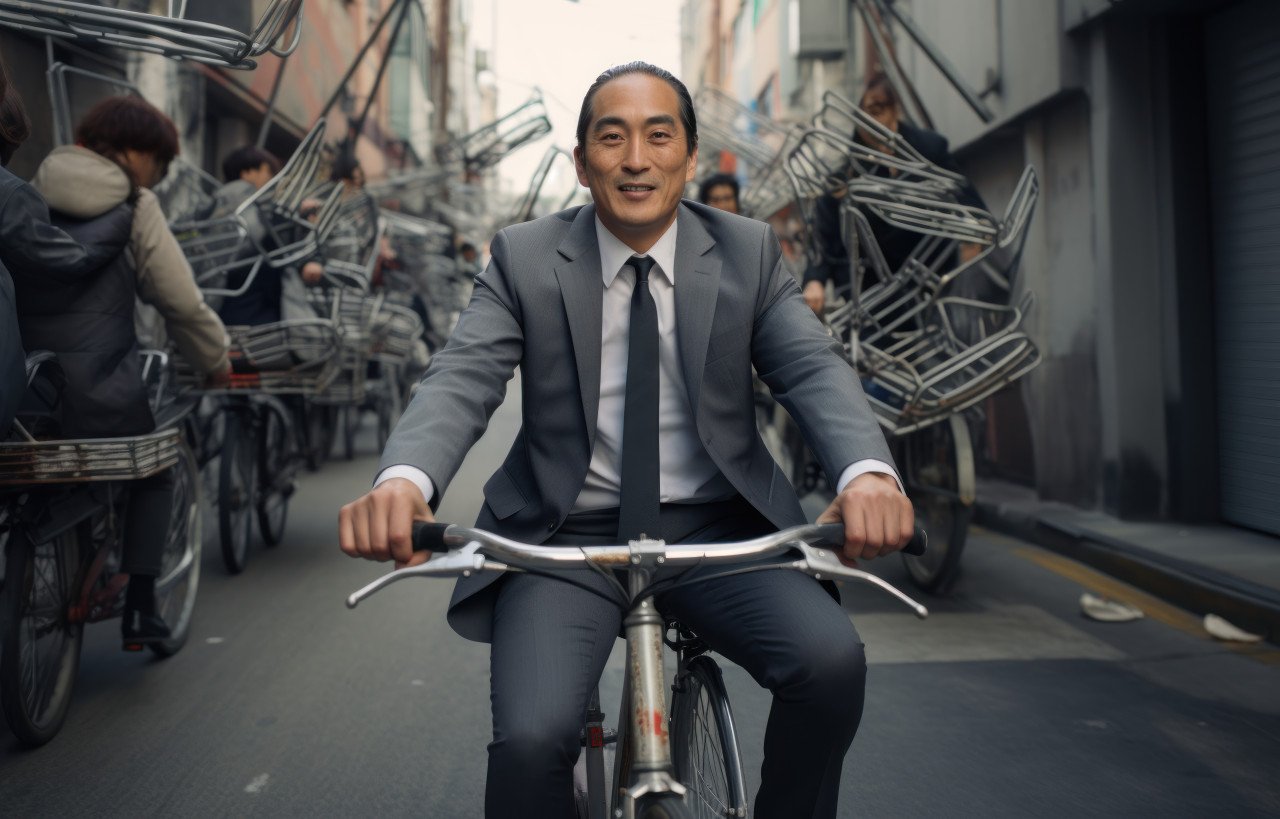 Businessman in suit riding a bicycle
