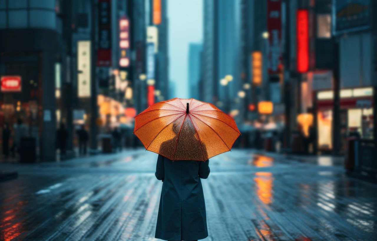 Woman holding umbrella on city street