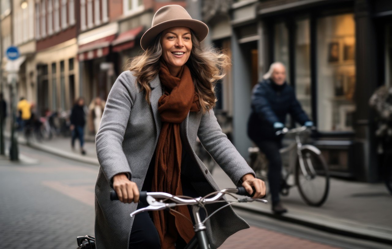 Woman in coat and hat riding bicycle down street
