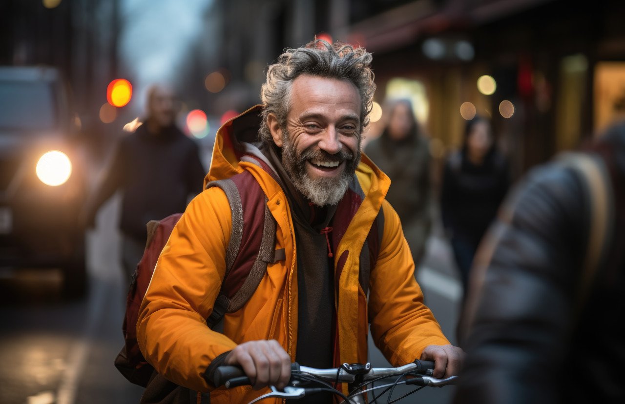 Busy street scene with man riding bicycle