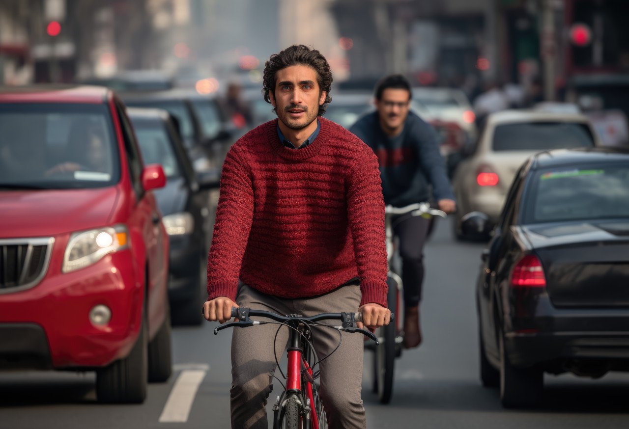 Male cyclist riding bicycle in bustling street scene