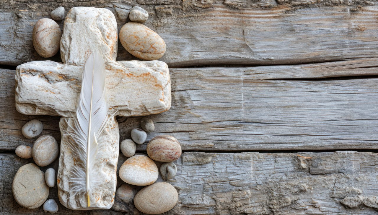 White stone cross with feather and pebbles on wood background