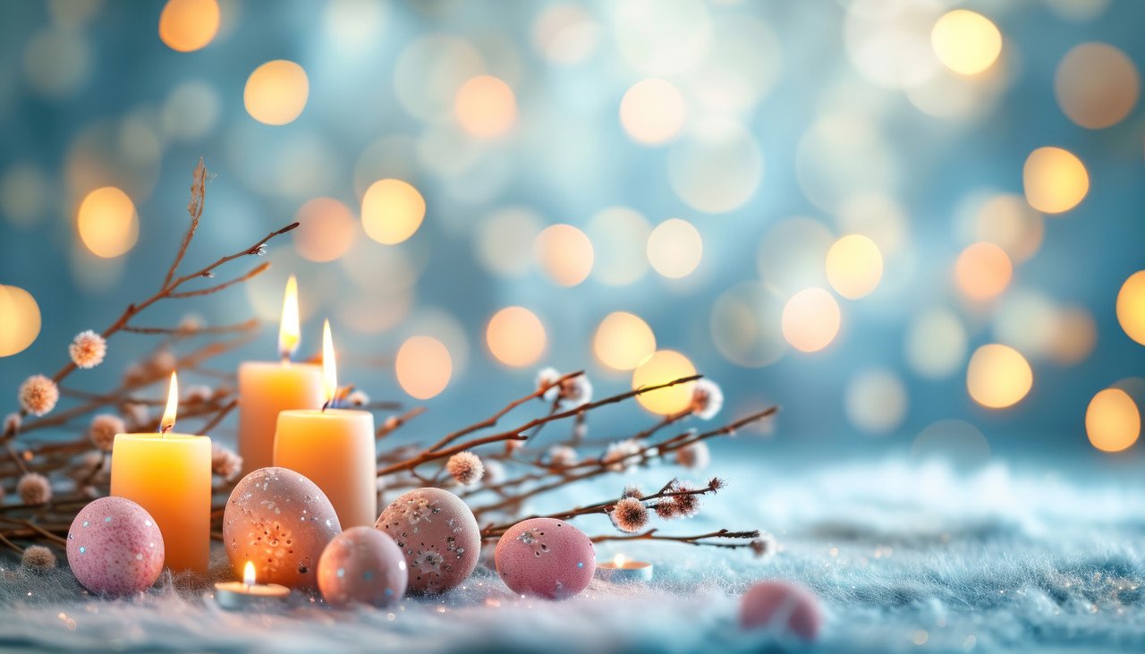 A pussy willow branches and easter egg and candles set against bokeh lights
