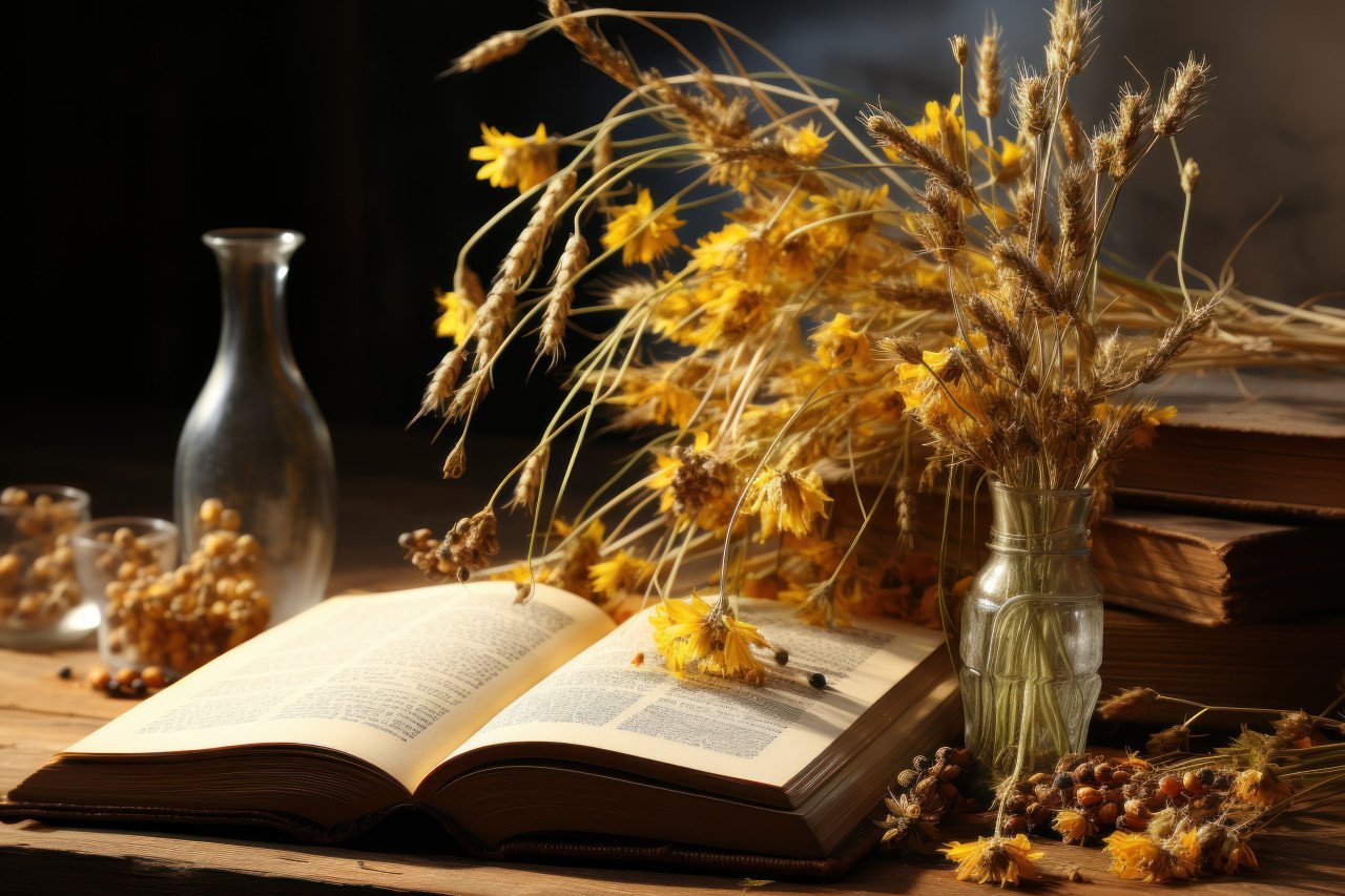 Open bible on wooden table with wheat leaves and sunlight symbolizing spirituality and nature connection