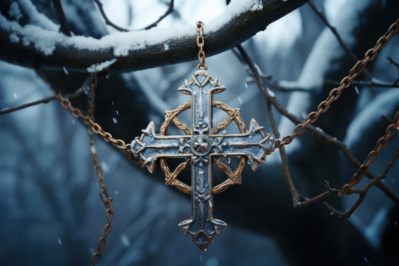 Silver cross hangs on snowy branch a symbol of peace and serenity