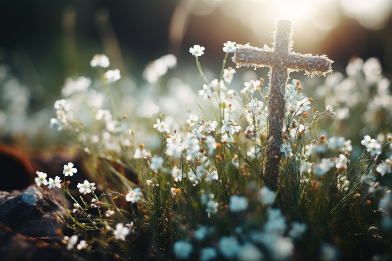 Cross in grass on easter sunday bible background symbolizing resurrection and spiritual renewal