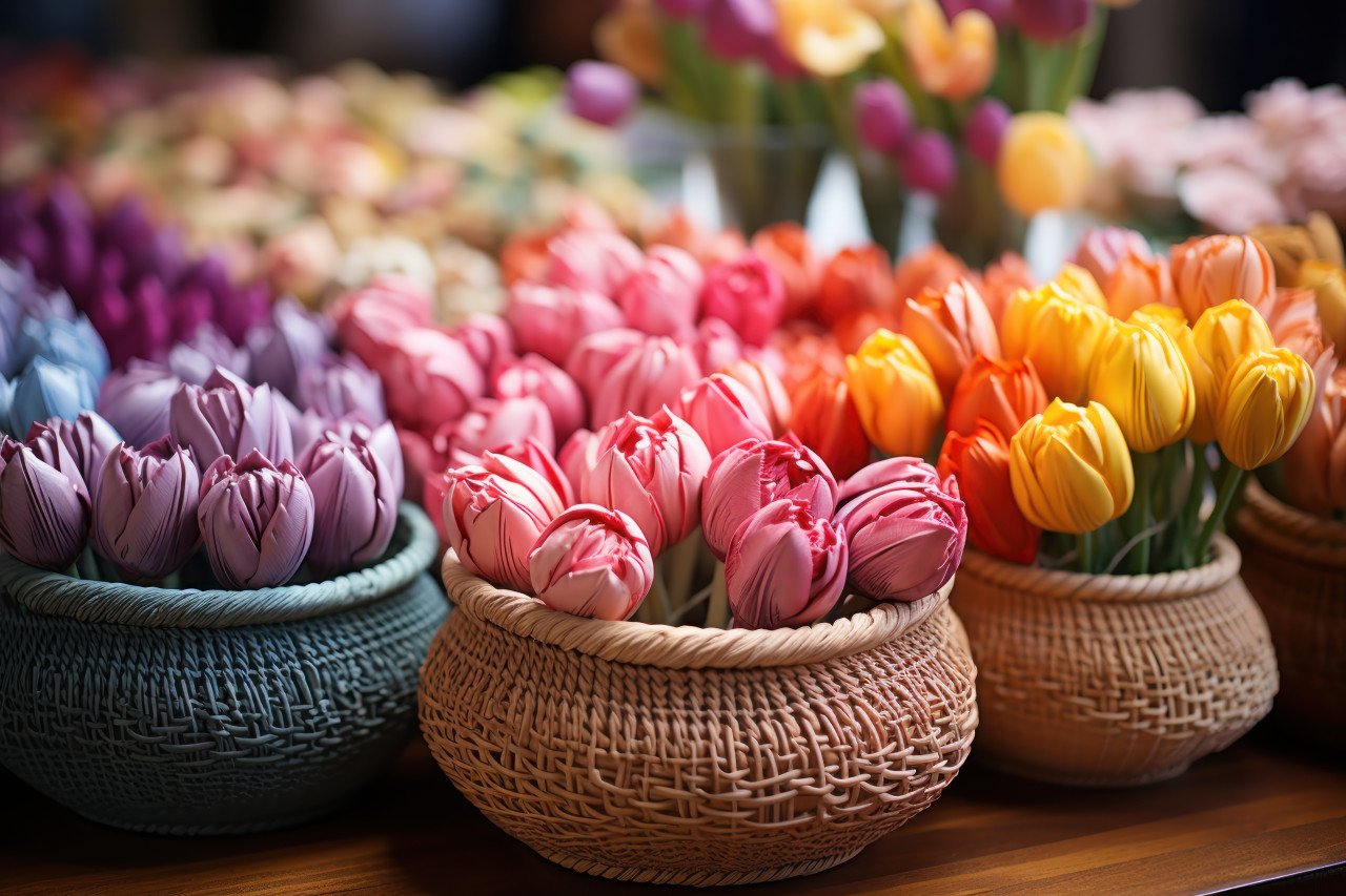 Colorful tulips in baskets hang on a flower display creating a vibrant and cheerful scene