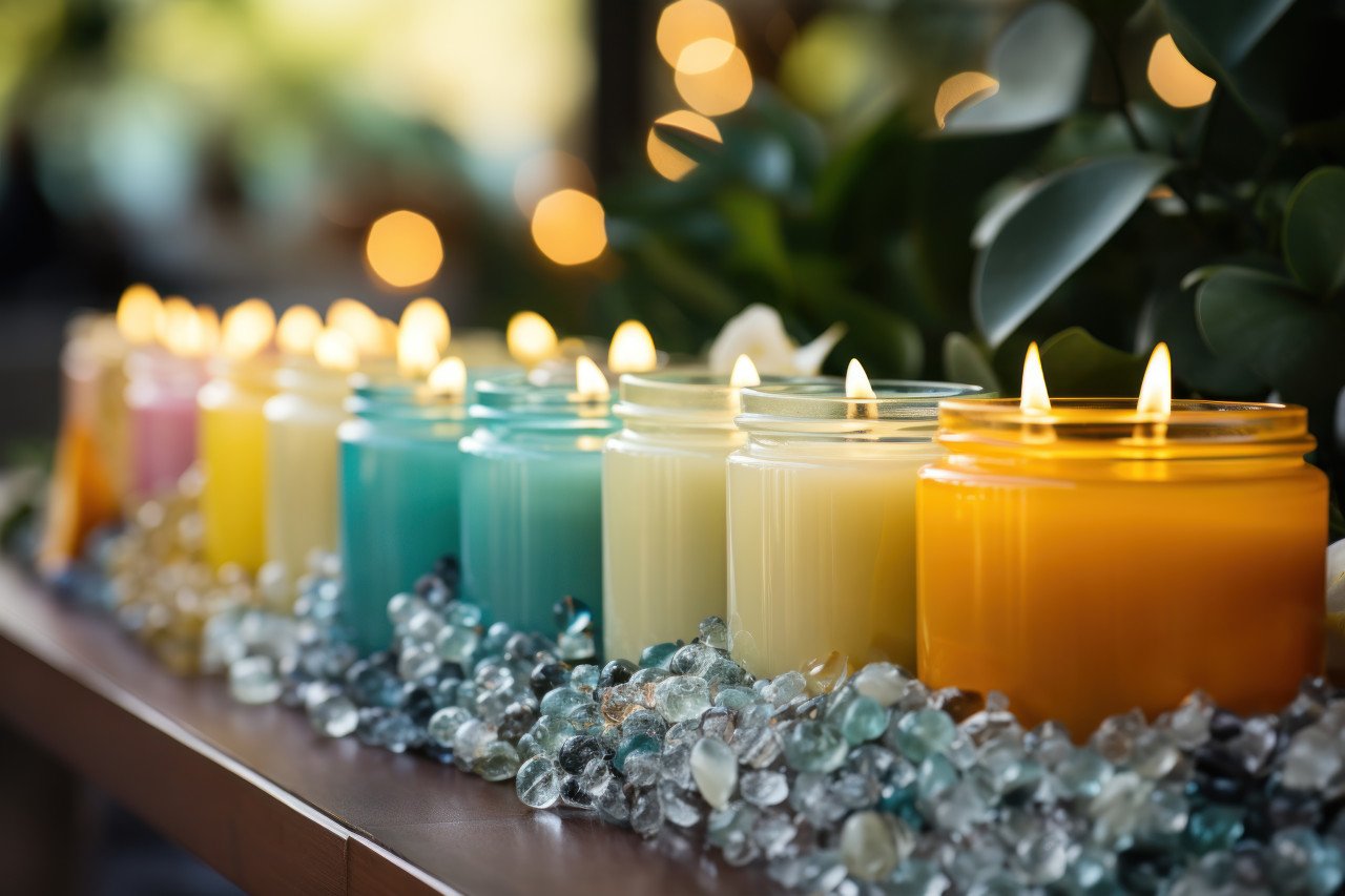 Bright colorful candles lined up against a sparkling background creating a festive and joyful atmosphere