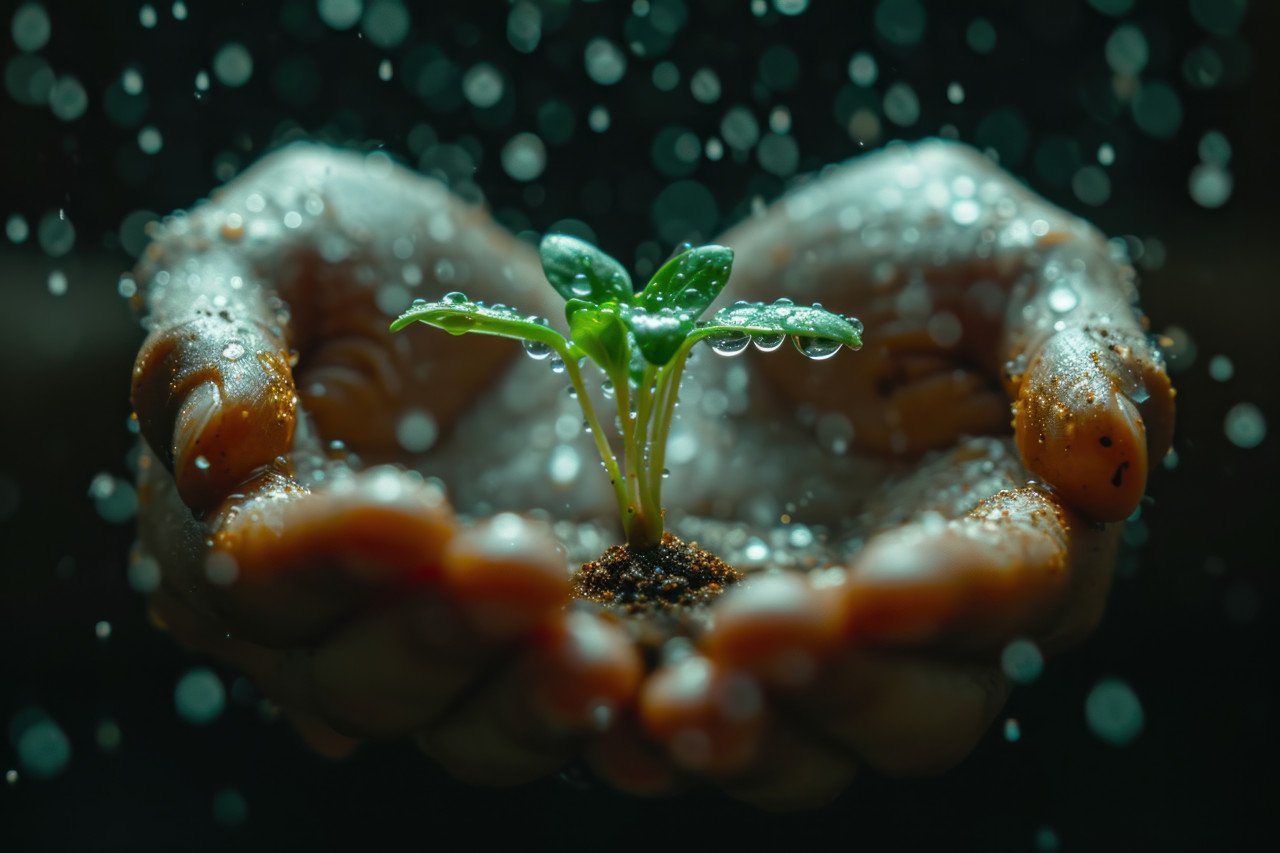 Hands cradle a small sprout in dusty soil nurturing growth with care and hope