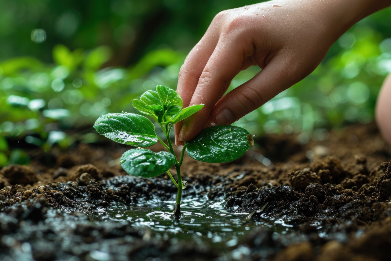 Hand planting green plant in soil nurturing new life in garden