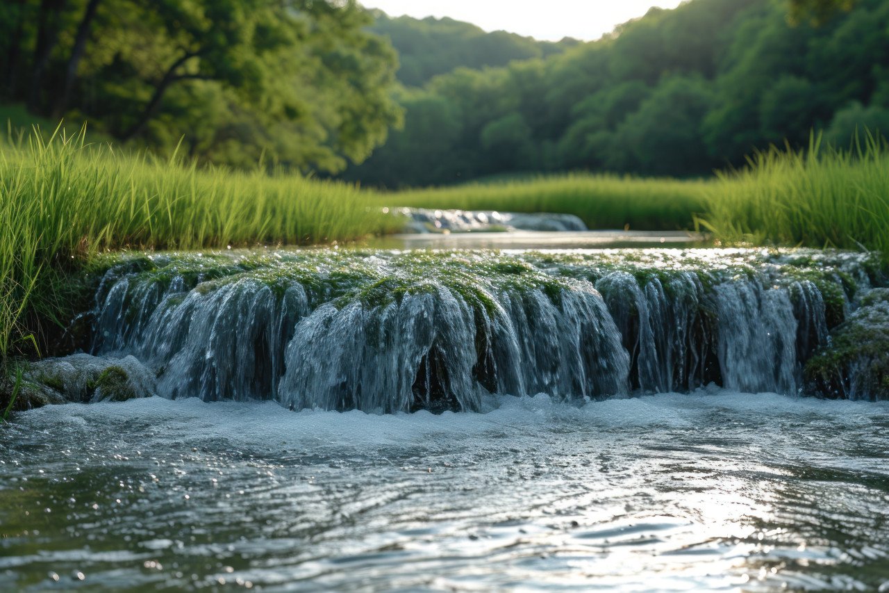Water running into grass with a waterfall in the background creating a serene natural scene