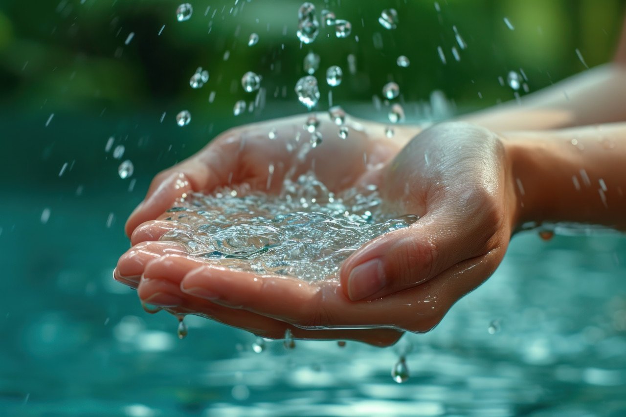 Hands reaching up gathering water from the sky