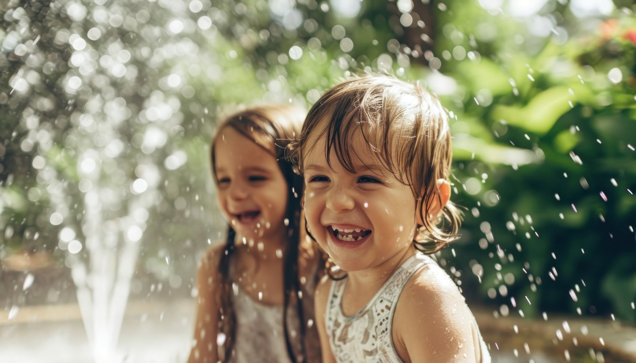Joyful children laughing and playing with a garden sprinkler enjoying refreshing water splashes on a sunny day in the backyard