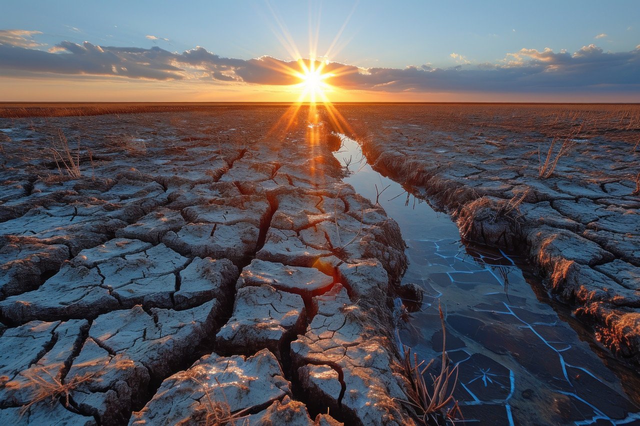Dry fields meet water under a sunbeam on the horizon creating a serene landscape