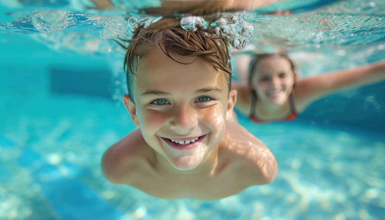 Happy kids joyfully swim underwater in the pool approaching the camera with smiles
