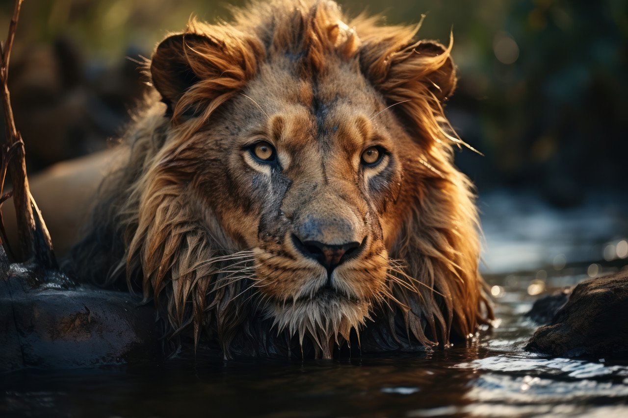 Majestic lion drinking water in river showcasing the raw beauty of wildlife in its natural habitat