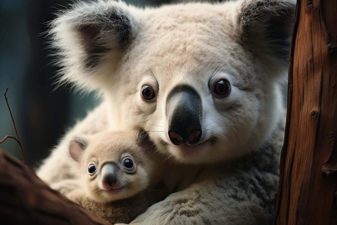 Baby koala sits on its mothers shoulder cuddling with adorable innocence