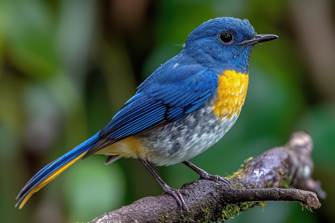 Bright blue and yellow bird perched on a tree branch with ample white space around it