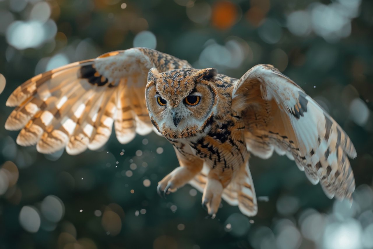 Owl catches and flies off with prey in its talons