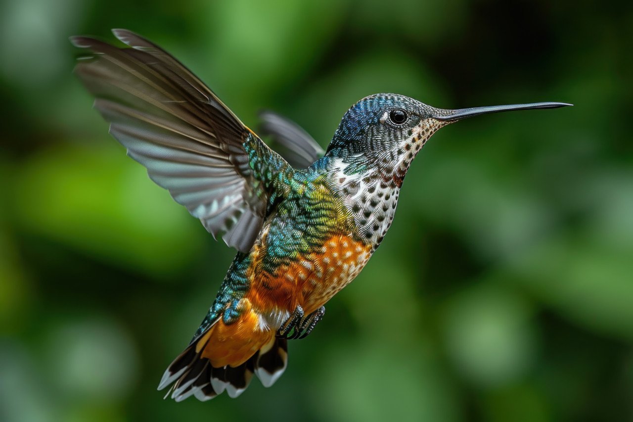 Colorful hummingbird soars gracefully over lush green backdrop