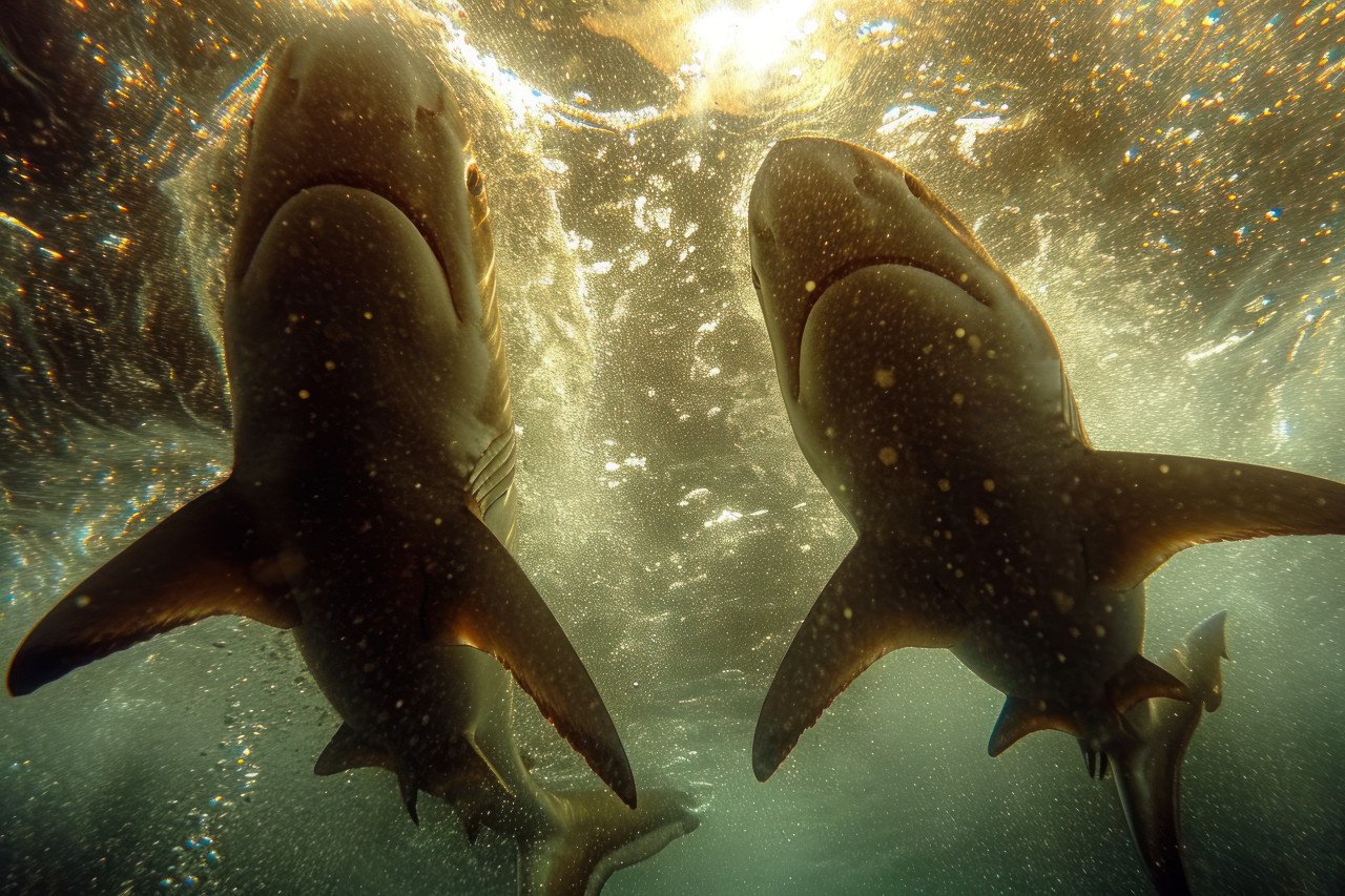 Two sharks swim with sunlit eyes in the ocean
