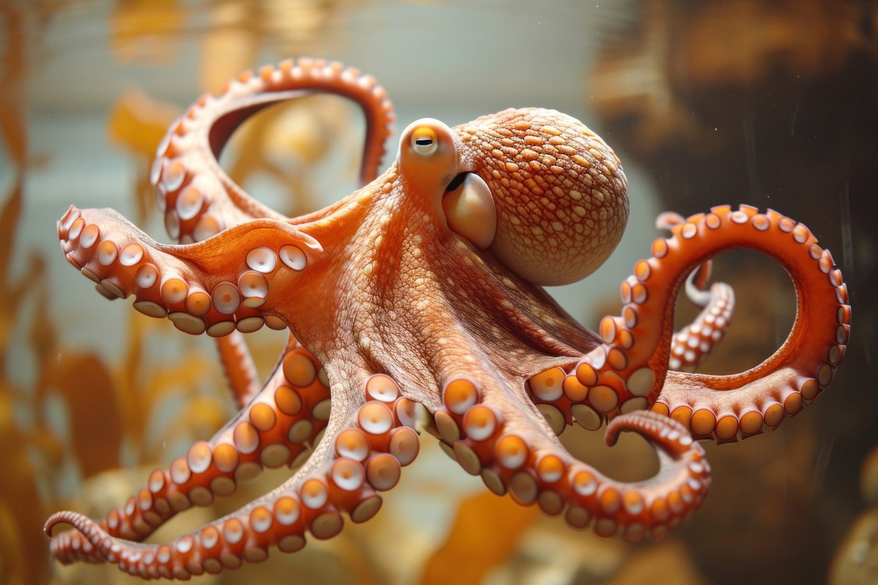 Octopus swimming in clear tank water