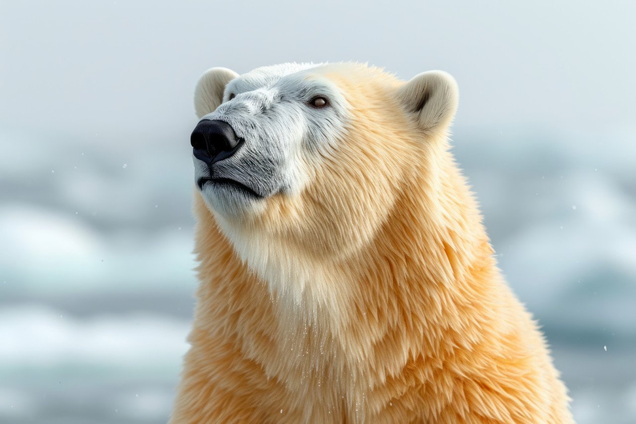 White polar bear against a white background showcasing its majestic presence