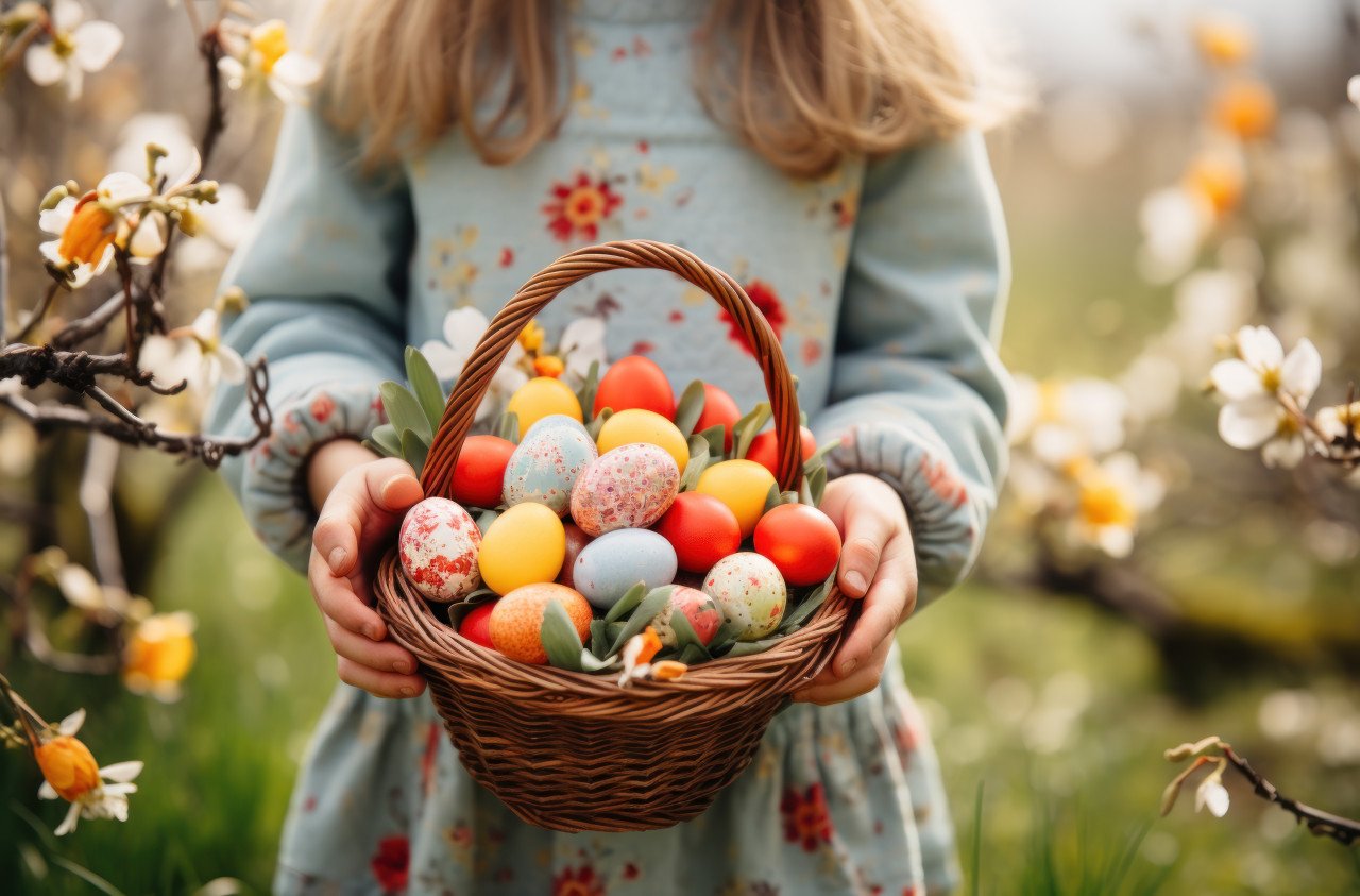 Smiling kid with a basket full of vibrant easter eggs