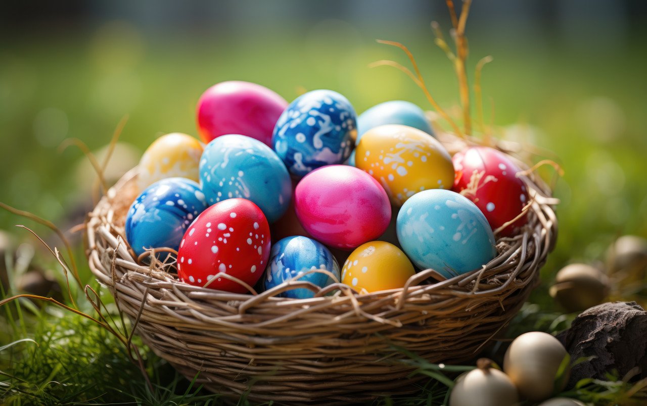 Vibrant easter eggs in a basket on grass festive and cheerful for an egg hunt celebration