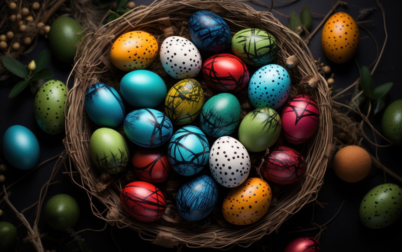 Colorful easter eggs in a basket on grass