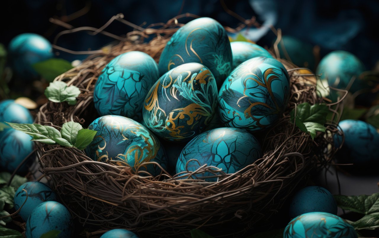 Vibrant easter eggs arranged in a basket on green grass
