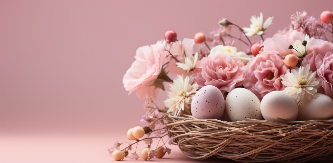 Colorful easter eggs in a basket on a pink background