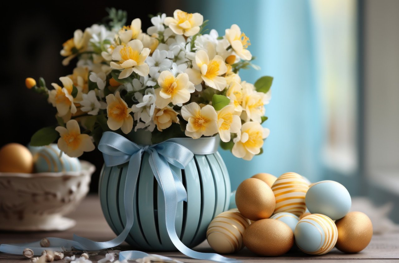 Joyful easter basket adorned with colorful eggs