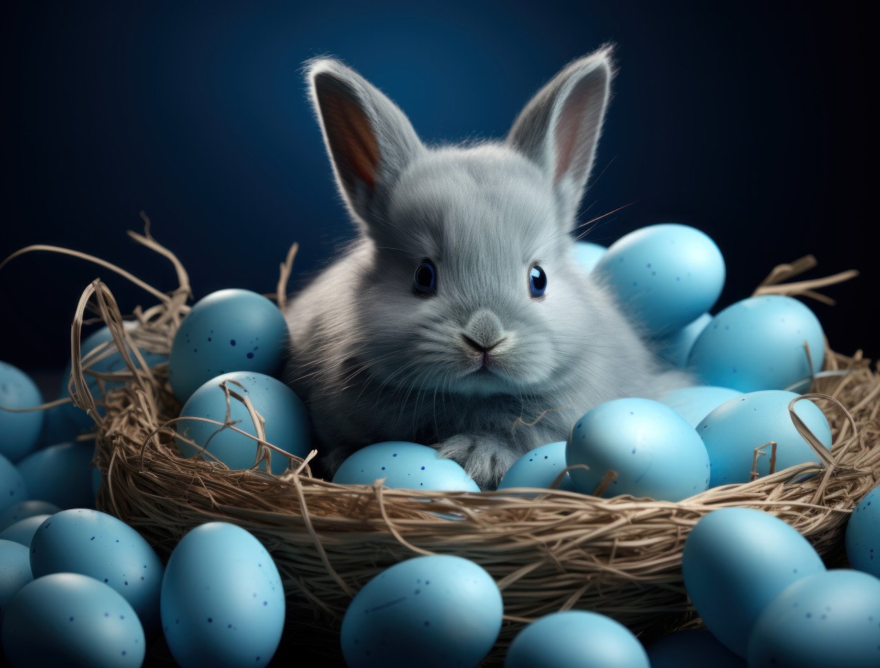 Adorable bunny in a basket surrounded by blue eggs